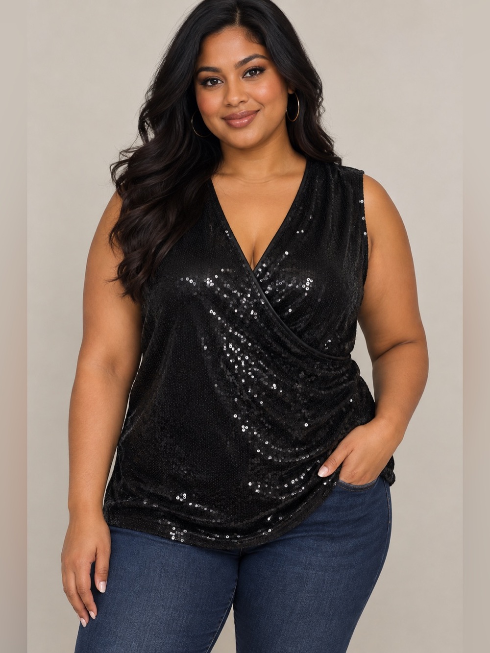 White House Black Market Black Sequin Wrap-Front Camisole Top